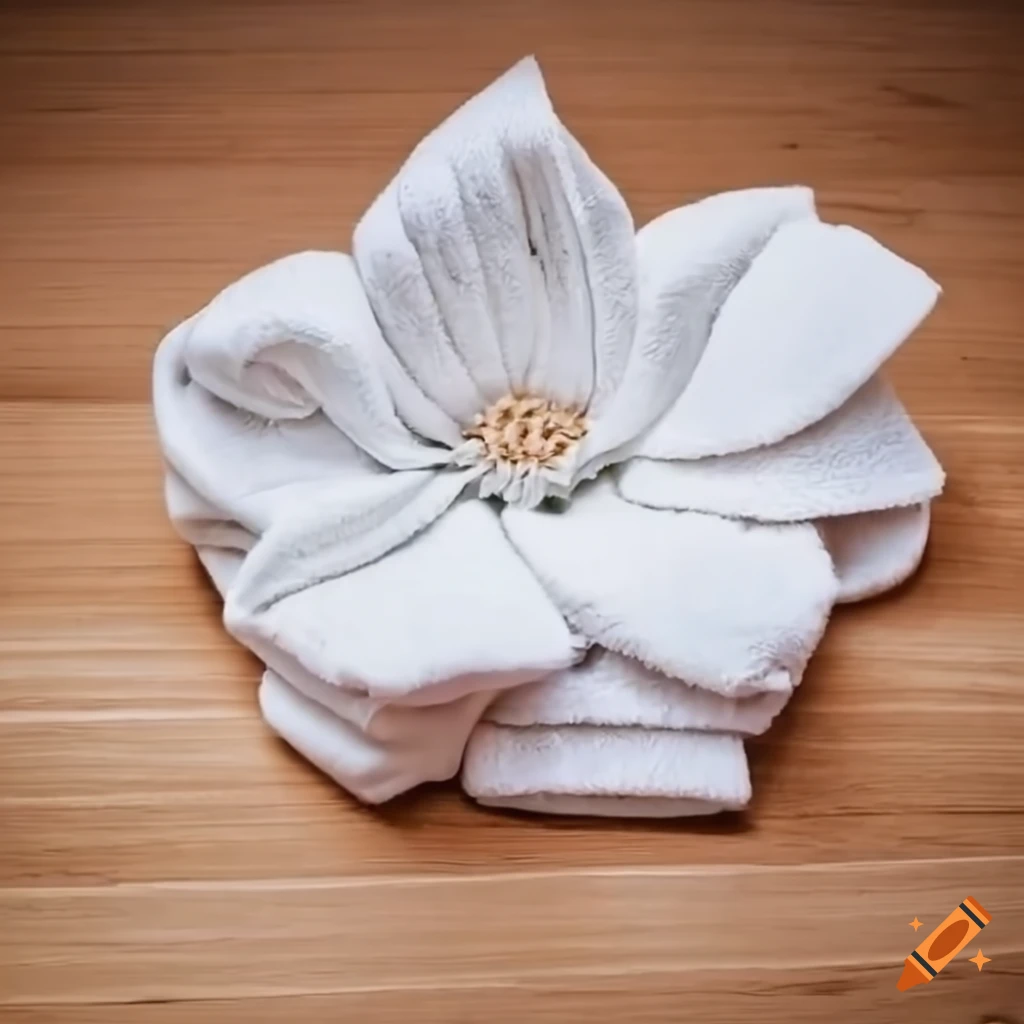 impressive flower-shaped folded towel on wooden table
