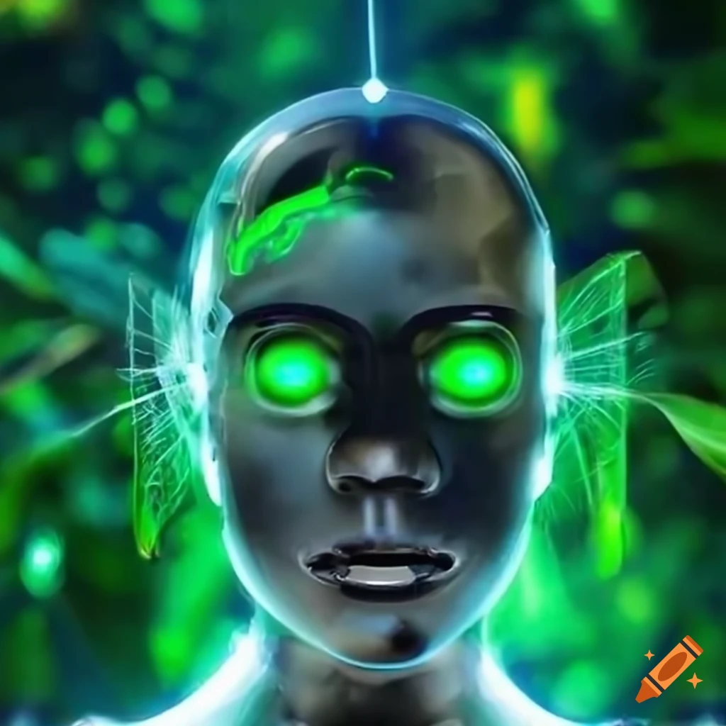 Robot with green laser eyes in tropical forest on Craiyon