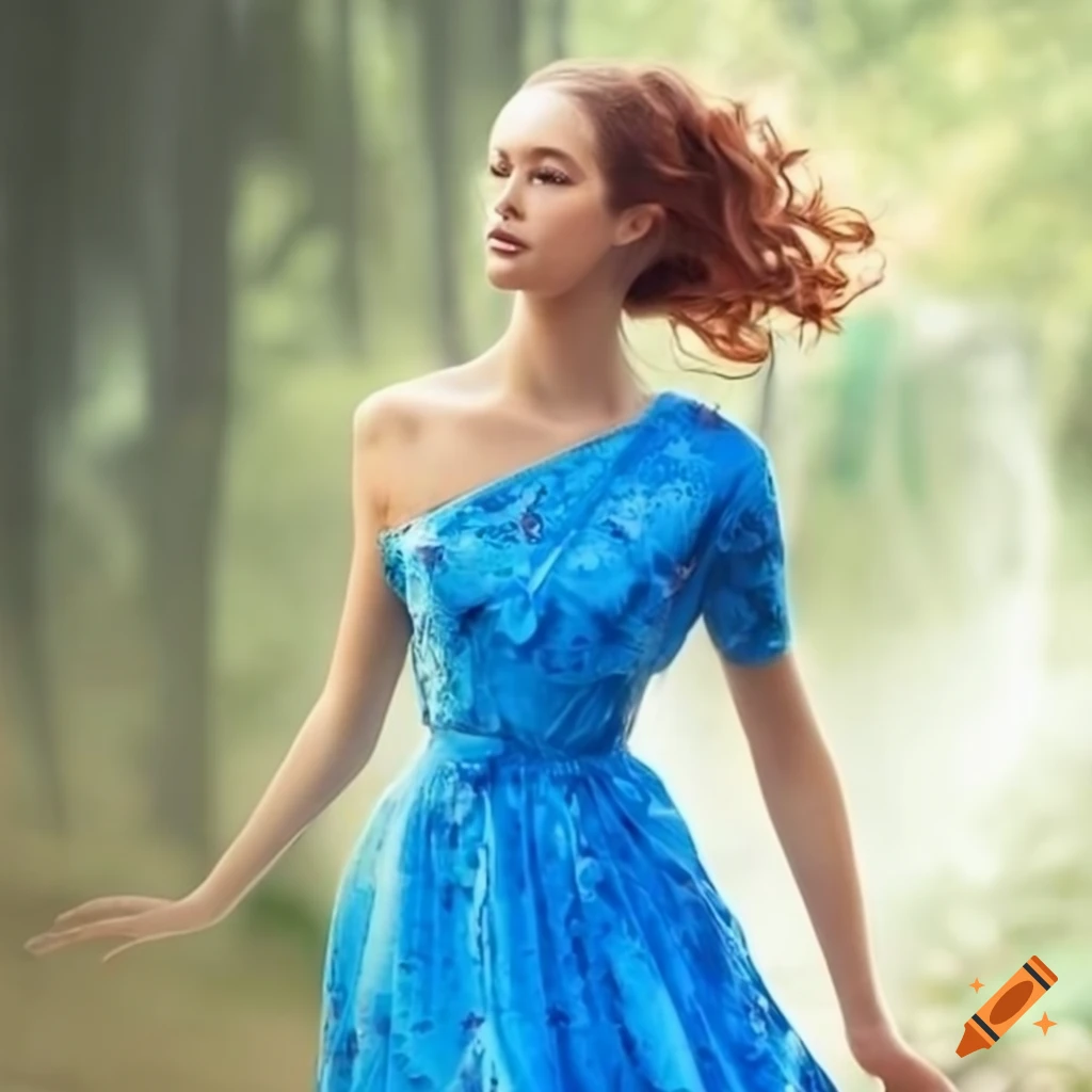 Woman wearing a beautiful blue flowy dress on Craiyon