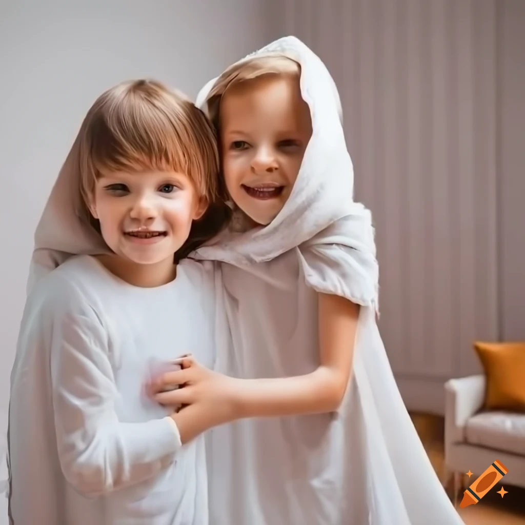Two kids hugging in a paint splattered living room on craiyon