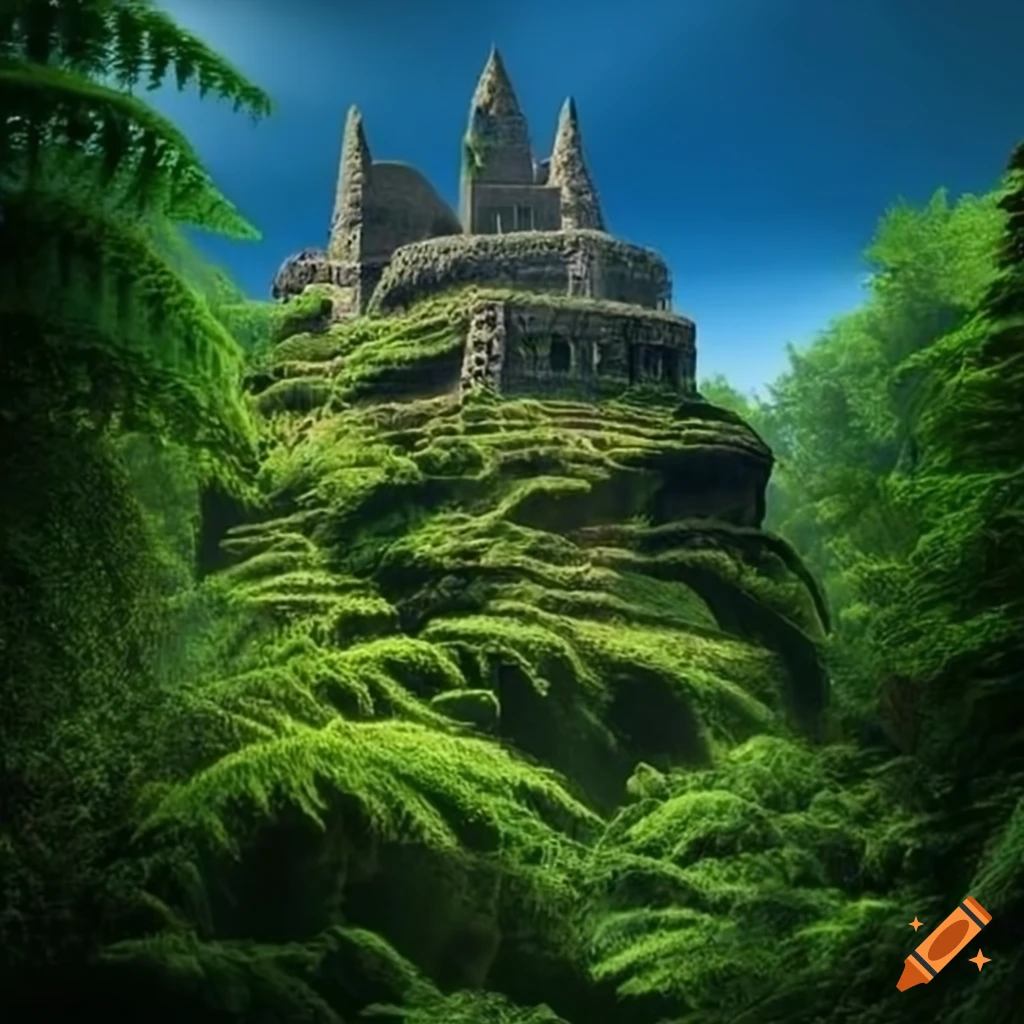 Moonlit stone towers on a cliff in a forest on Craiyon