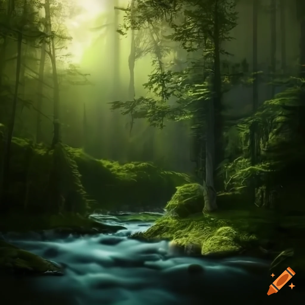 photorealistic image of a mountain, river, and forest