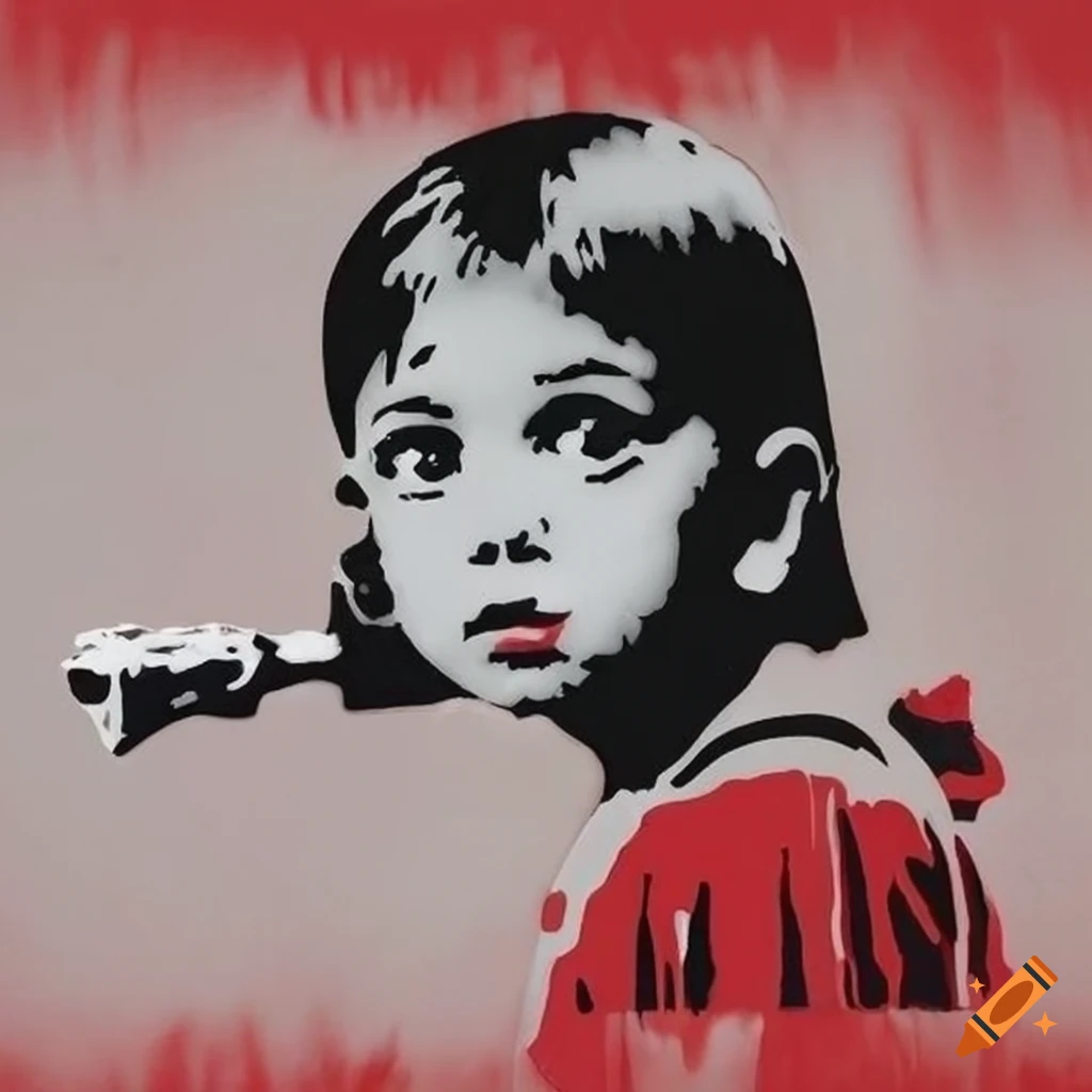 Stencil art of red, white, and black banksy design on Craiyon