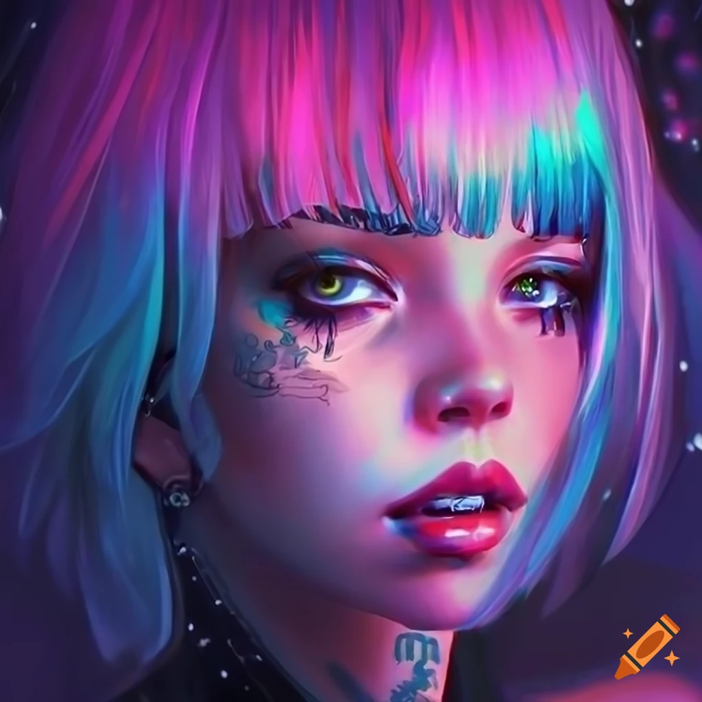 Realistic Artwork Of A Cyberpunk Girl With Pink And Blue Hair 6262