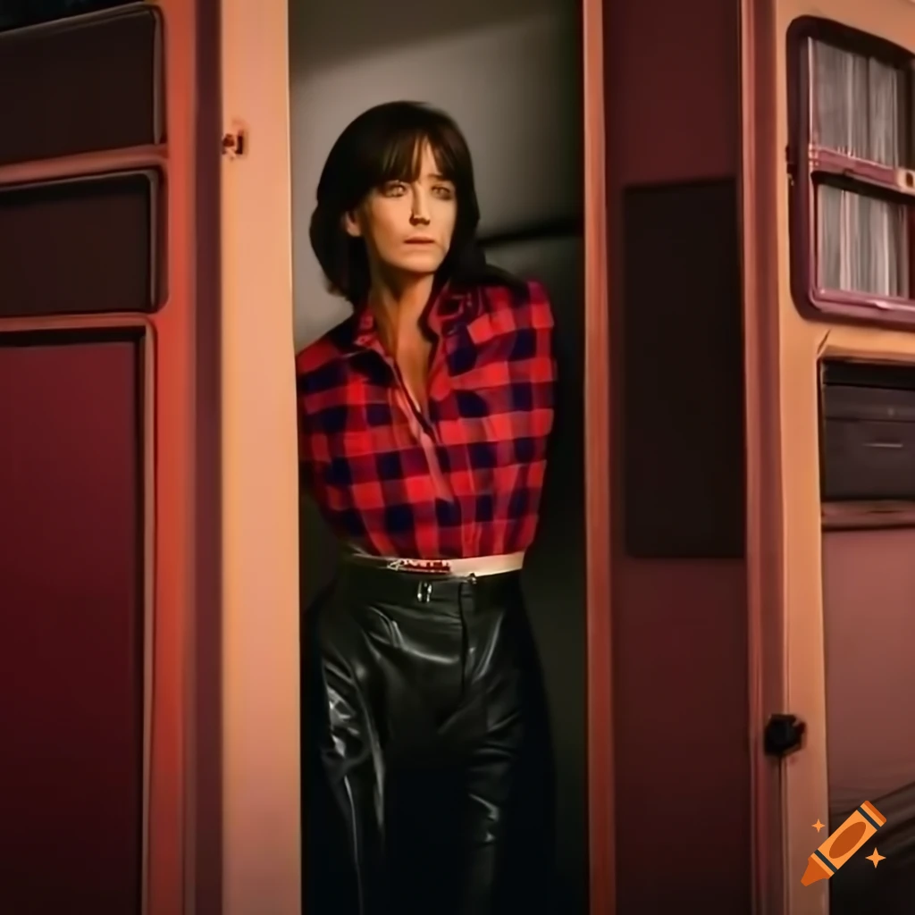 actress in red plaid shirt looking out of a caravan trailer