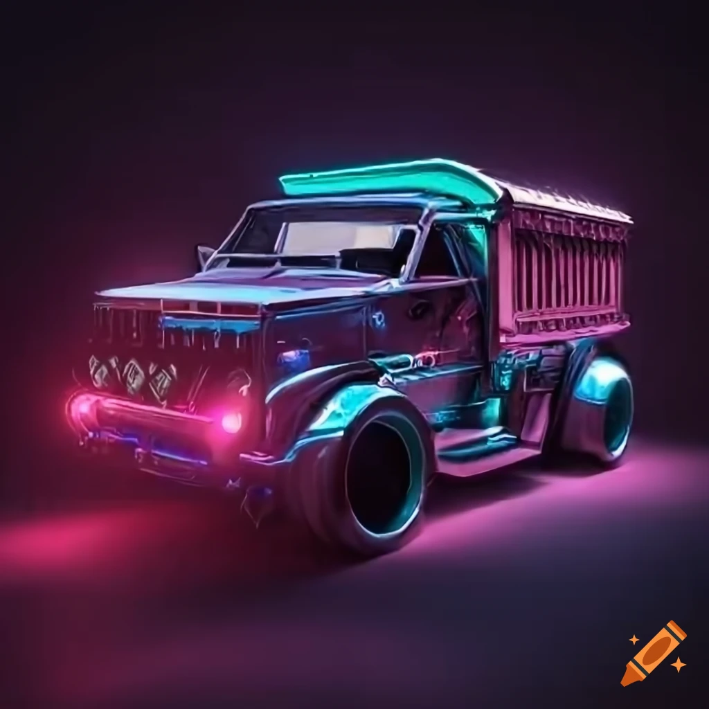 cyberpunk style vintage Kamaz truck with neon lights and chrome body