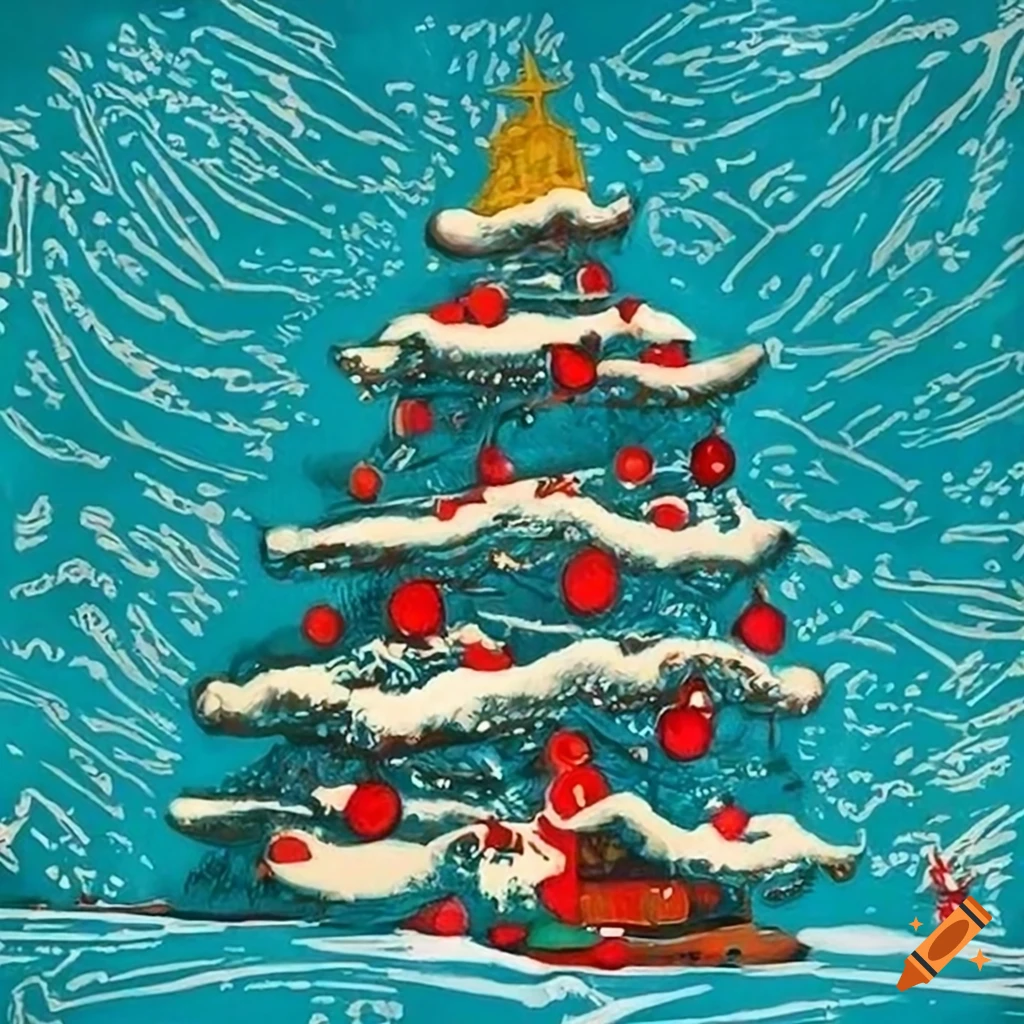 Color linocut of a beautifully decorated christmas tree in a snowy wonderland on Craiyon