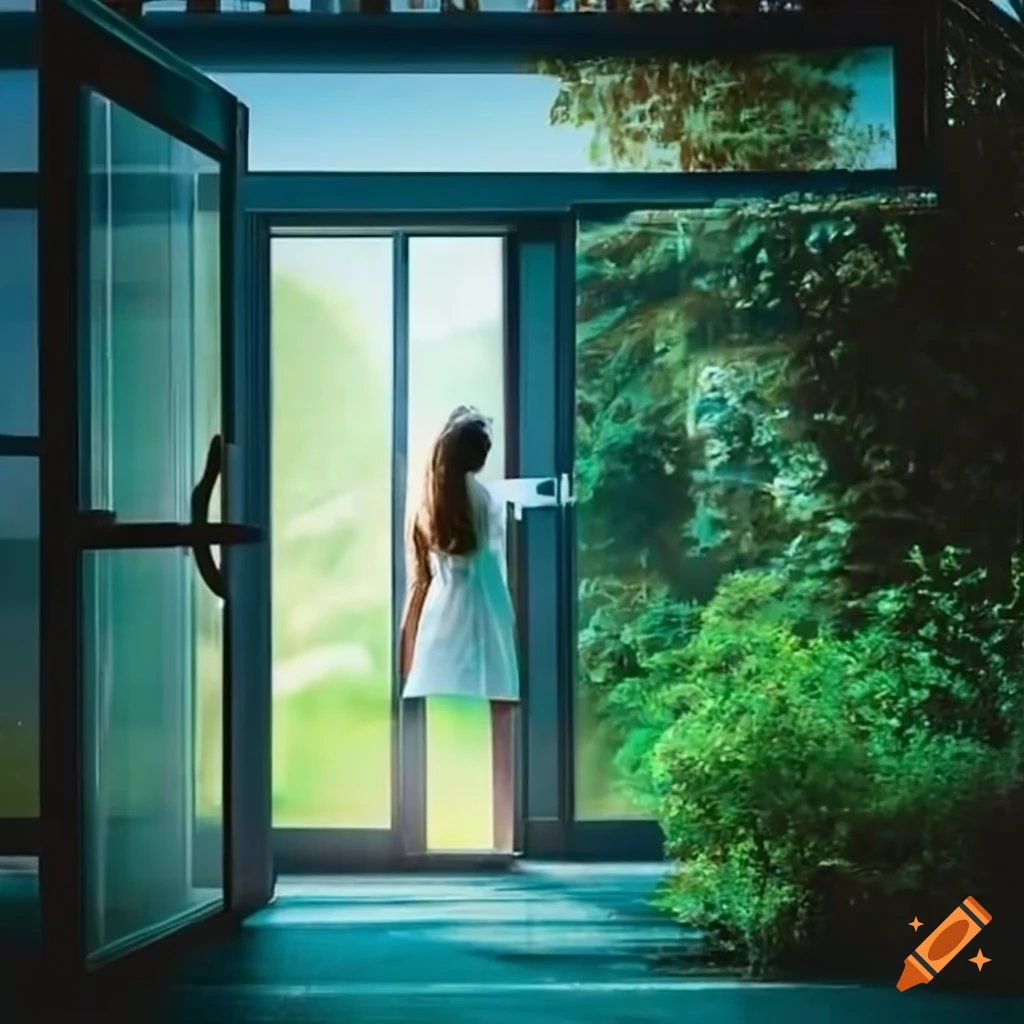 Image of a girl trying to open a glass door in a garden on Craiyon