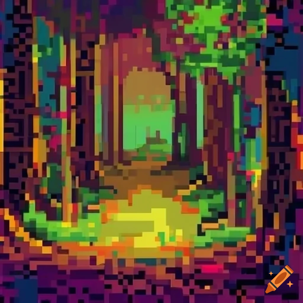 vibrant pixel art of a magical forest