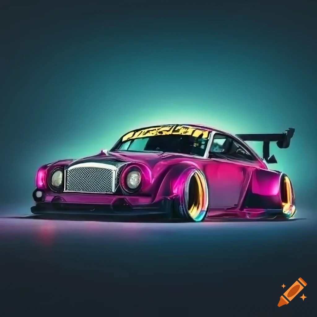 Render of a modified vintage bentley gtr with rainbow chrome on Craiyon