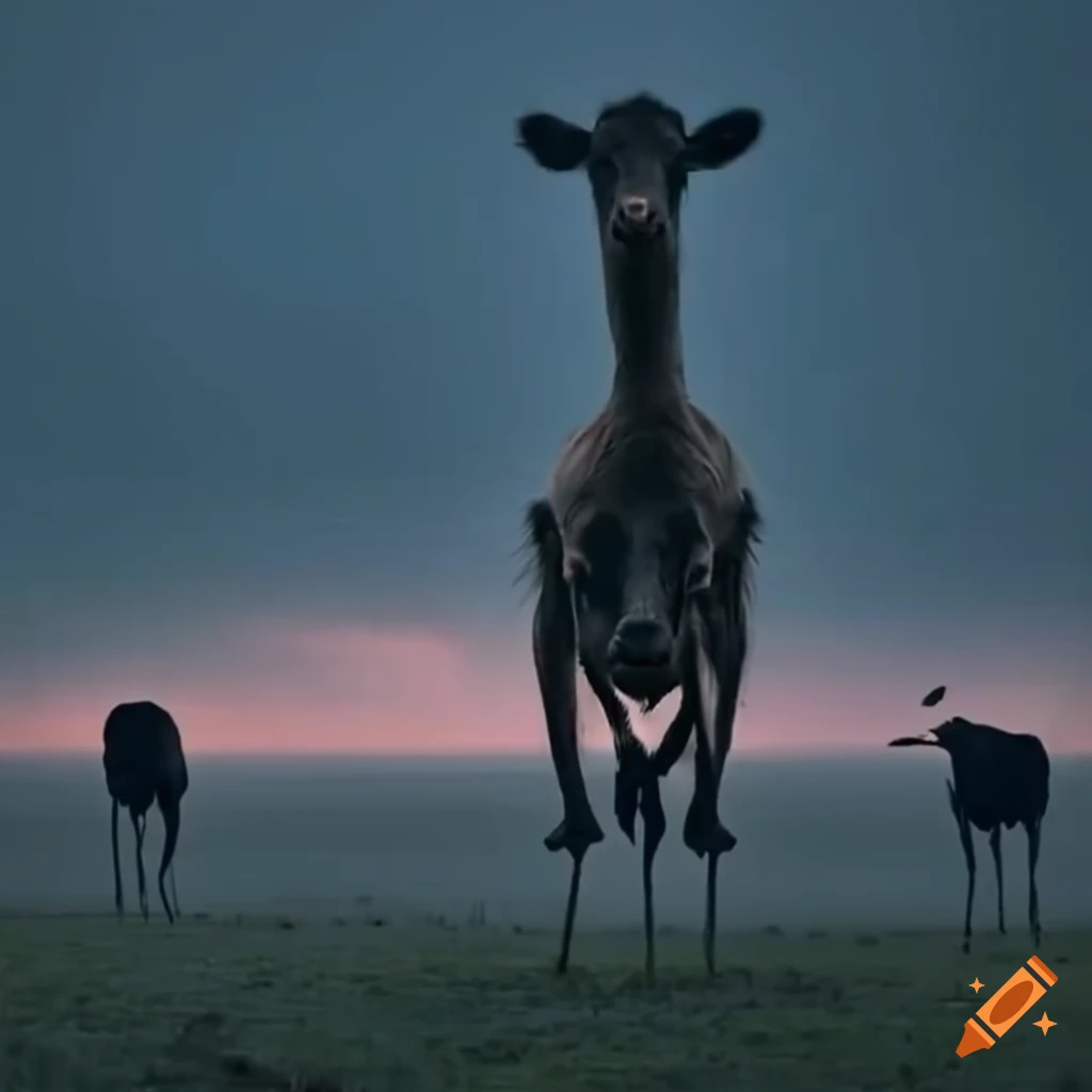 Image of tall cows in a gloomy field