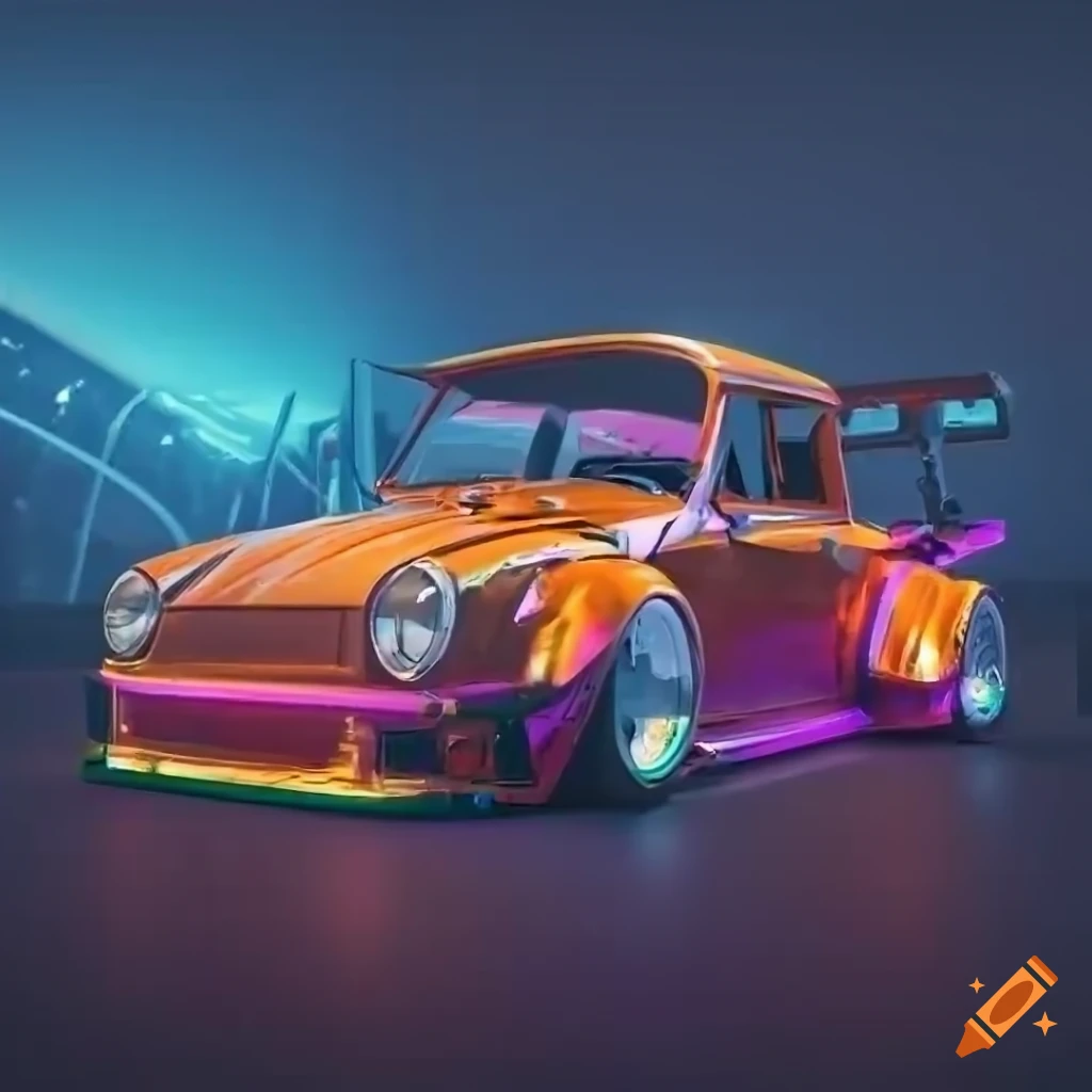 hyper realistic image of a vintage VW truck with a cyberpunk style