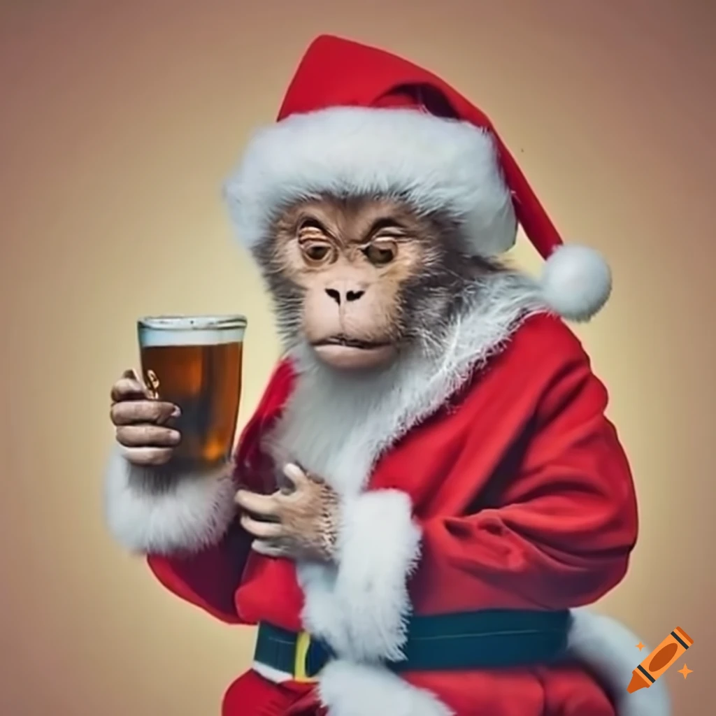 funny monkey dressed as Santa with a pint of Guinness