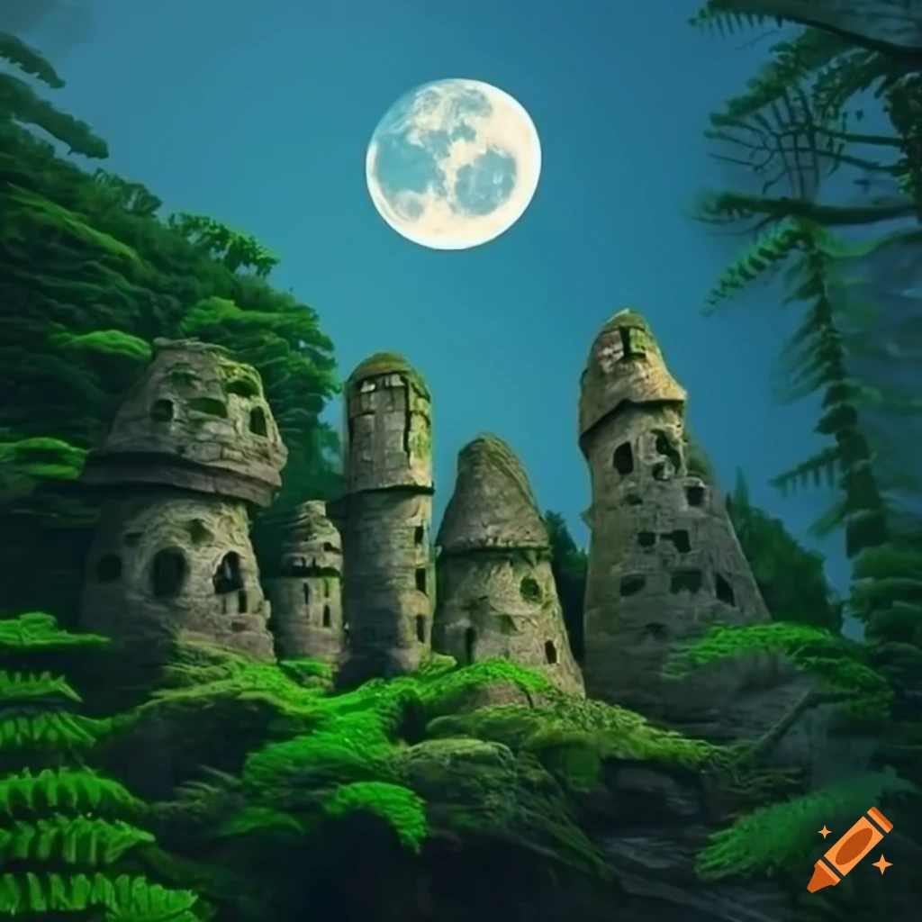 Moonlit medieval towers on a cliff in a forest of ferns