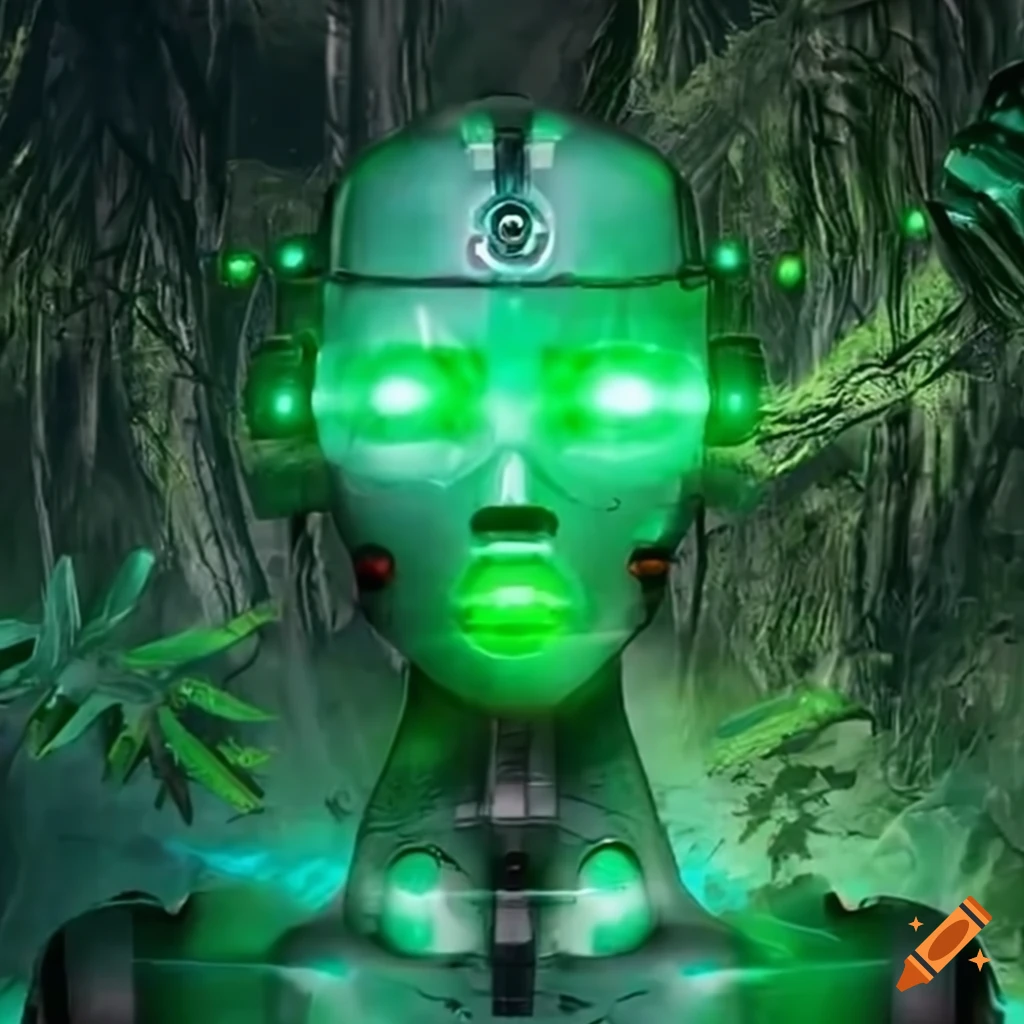 Robot with glowing green laser eyes in the jungle on Craiyon