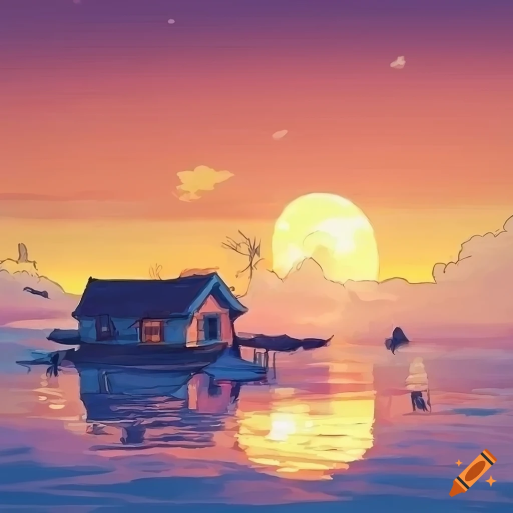 Artwork of a cottage floating in the clouds at sunset on Craiyon