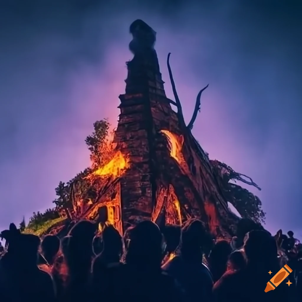 nighttime bonfire with crowd gathered around