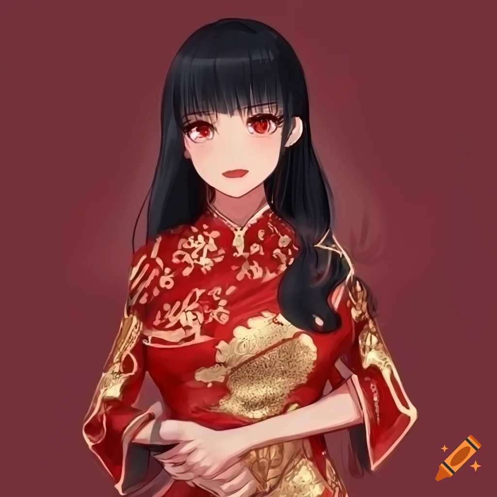 portrait of a confident girl in a red and gold qipao