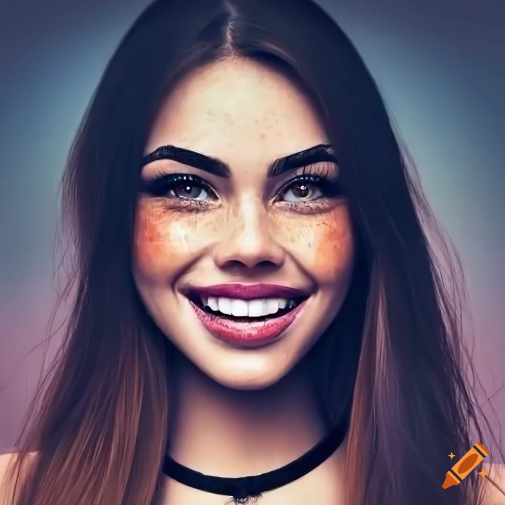 Portrait of a beautiful young woman with freckles and dark hair on Craiyon