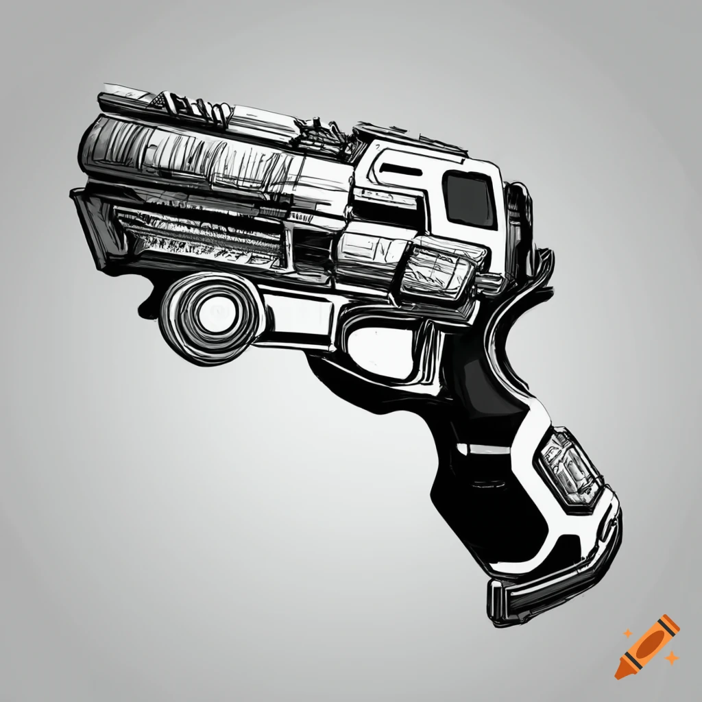 Black and white line art of a futuristic laser blaster gun on Craiyon