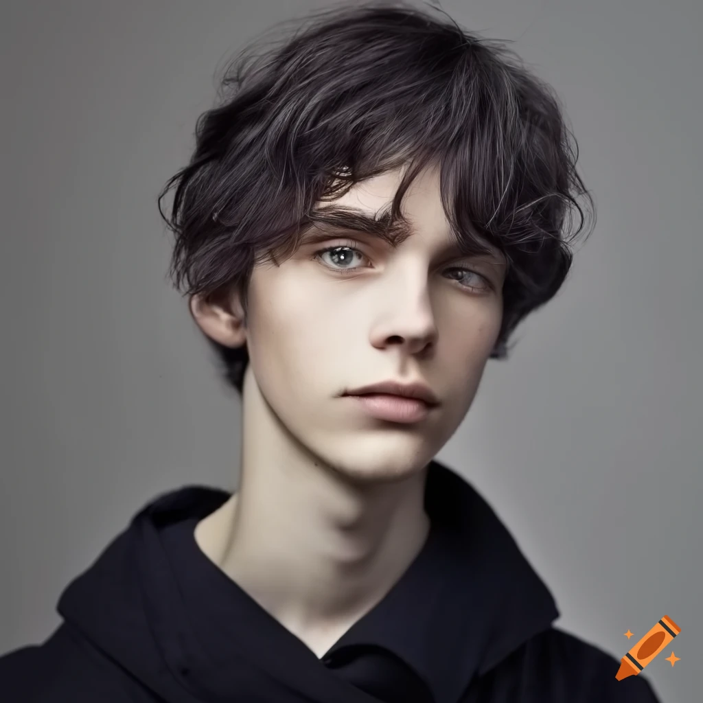 photo studio portrait of a young man with black wavy hair
