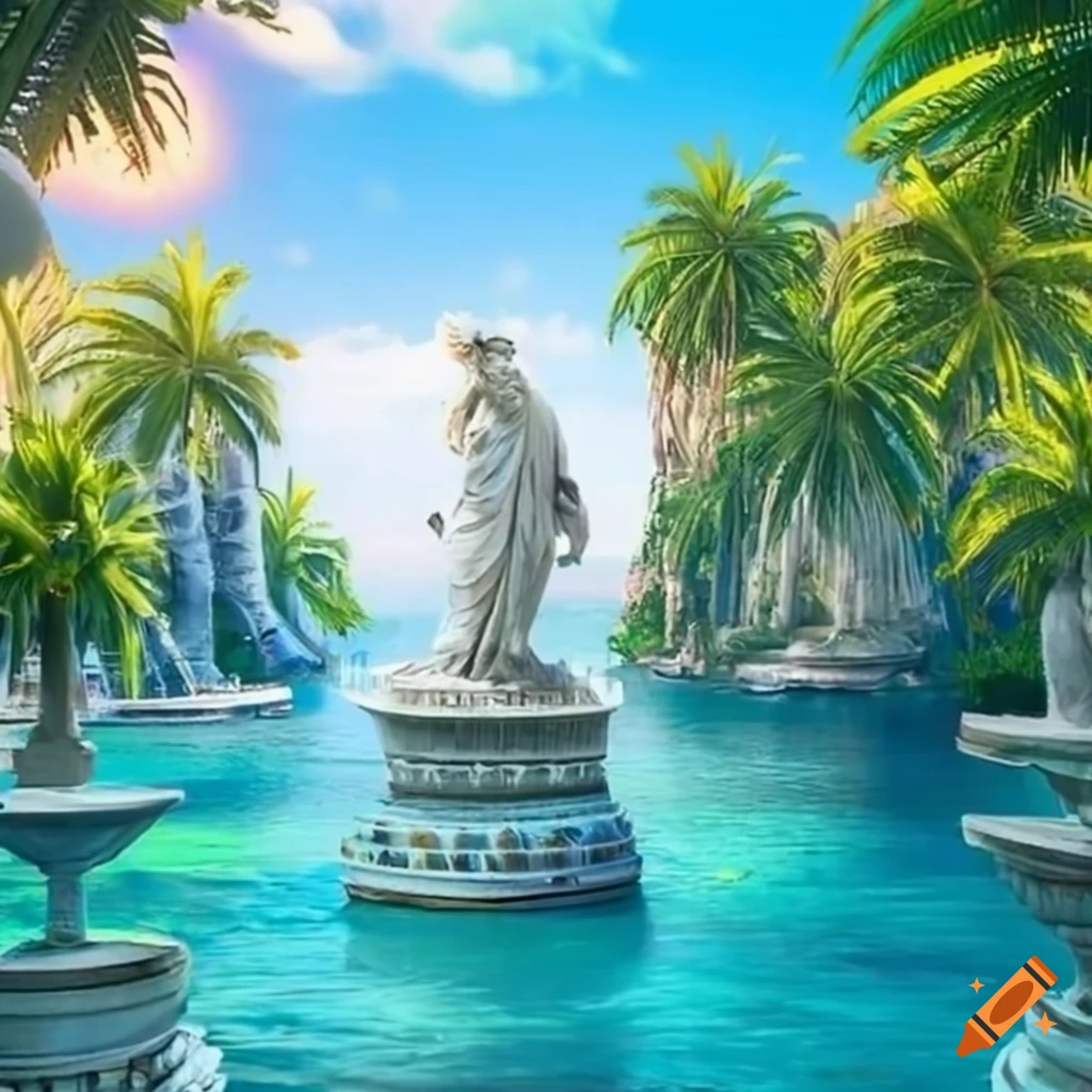 Fantasy harbor with marble statues and palm trees on Craiyon