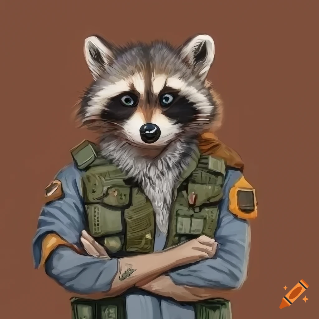 oil painting of a furry raccoon in tactical attire
