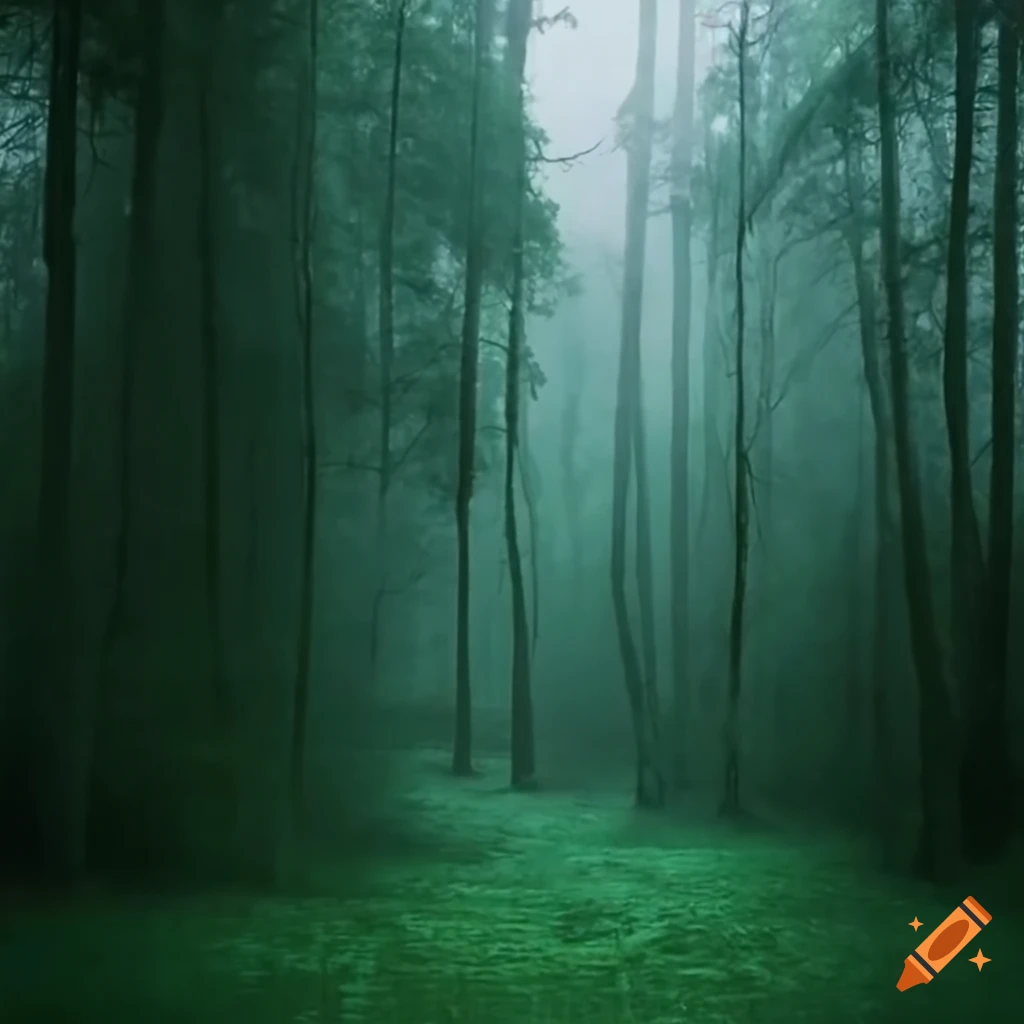 rainy forest scene with trees and bird sounds