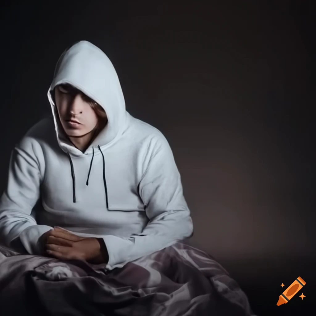 Man sitting up in bed wearing a white hoodie on Craiyon