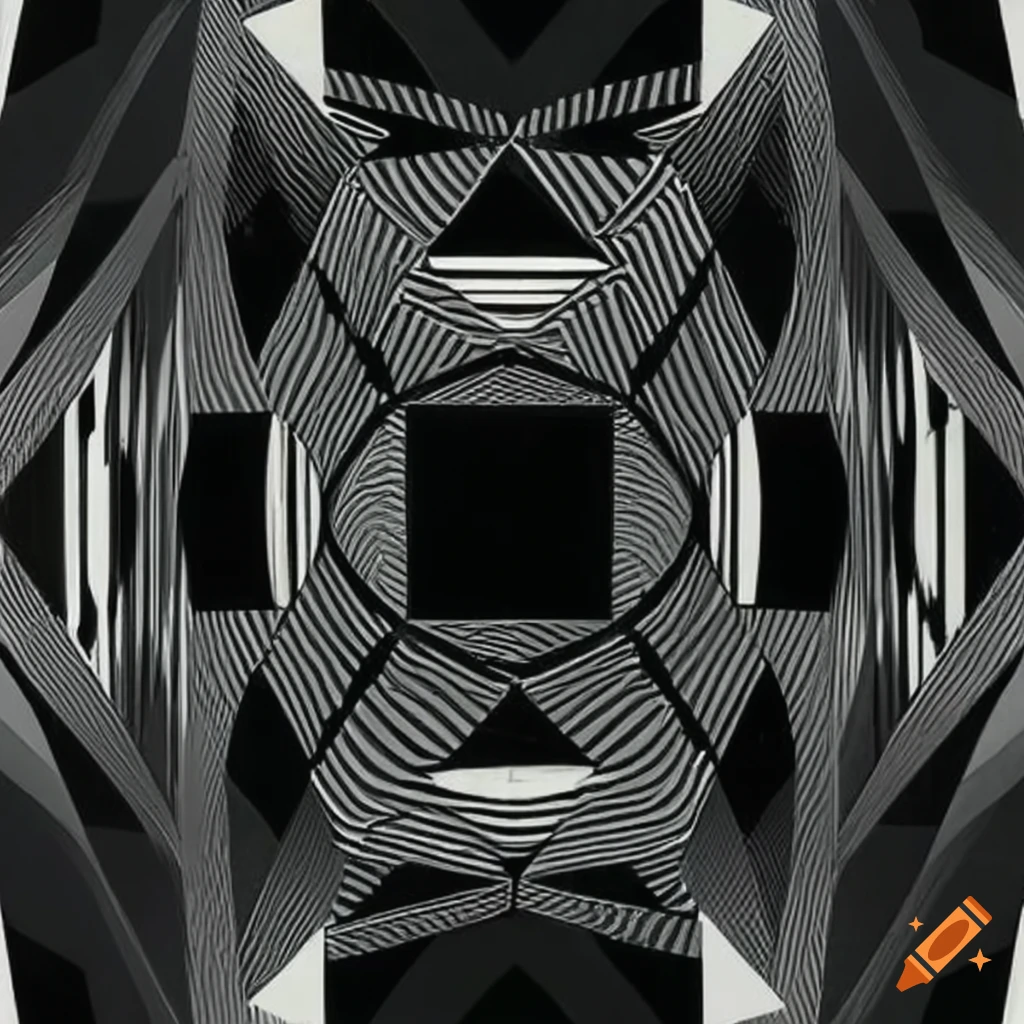 Monochrome abstract art using symmetrical squares and triangles with one asymmetrical  block on Craiyon