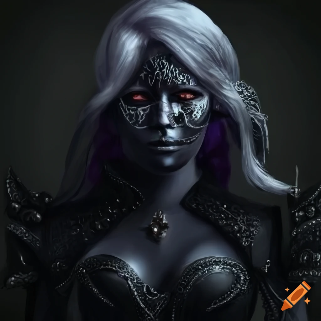 Image of a female drow shadowblade in black armor and mask on Craiyon