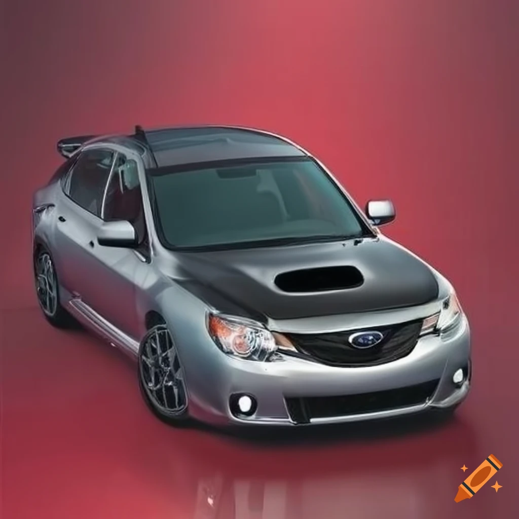 2009 silver subaru impreza with carbon fiber hood on red background on