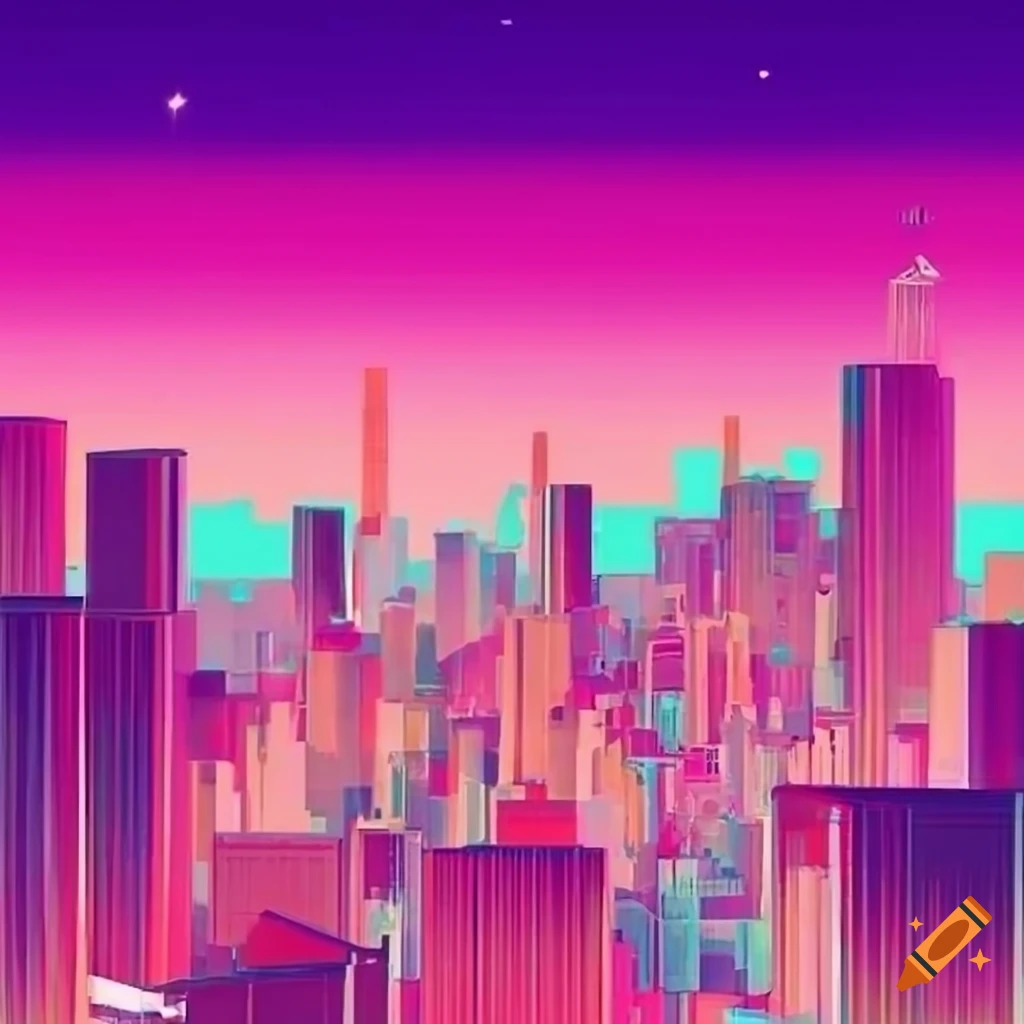 Vaporwave cityscape in peach and pink colors on Craiyon