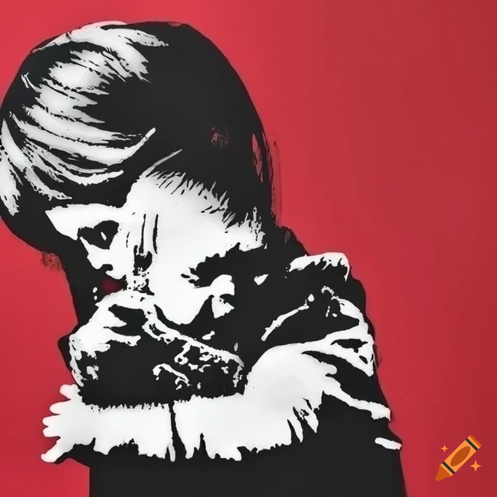 Banksy street art stencil in red, white, and black on Craiyon