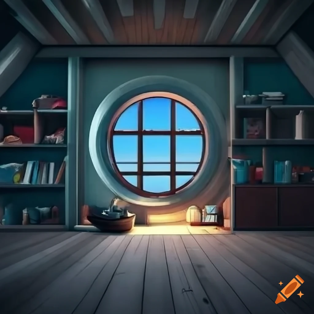 attic room with unique round window for a video game