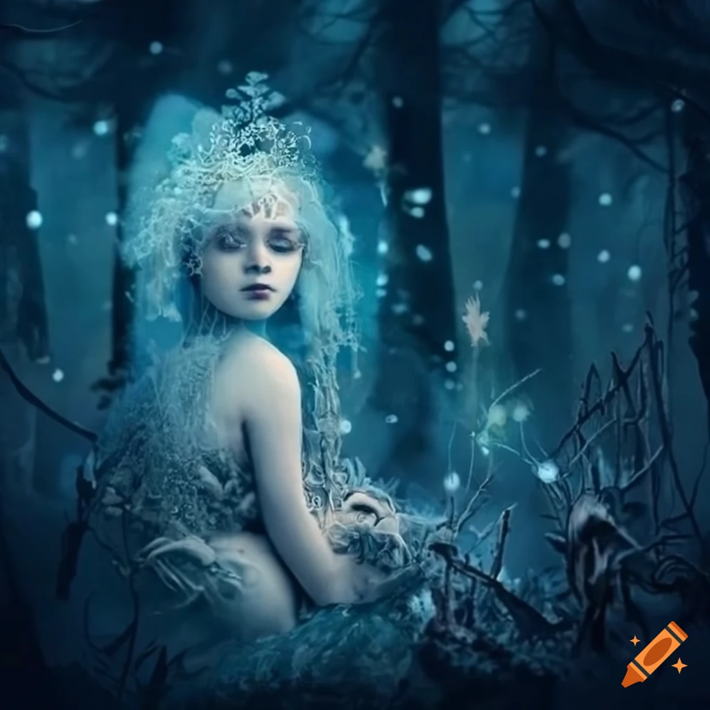 surreal winter forest with fae folk and glowing mushrooms