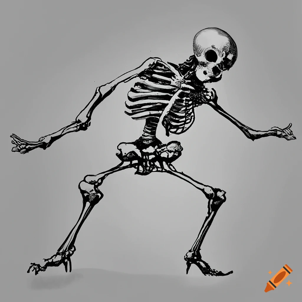 Ink drawing of dancing skeleton