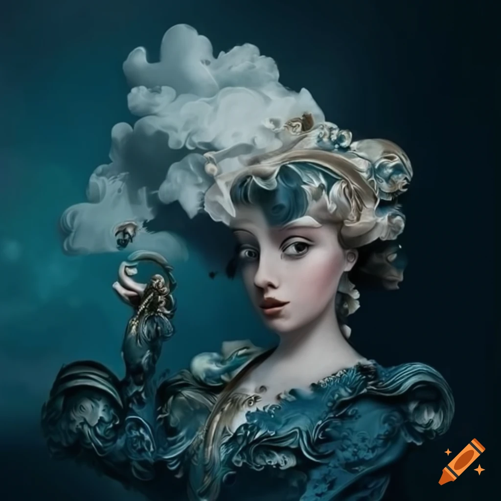 surreal baroque rococo style painting in the clouds