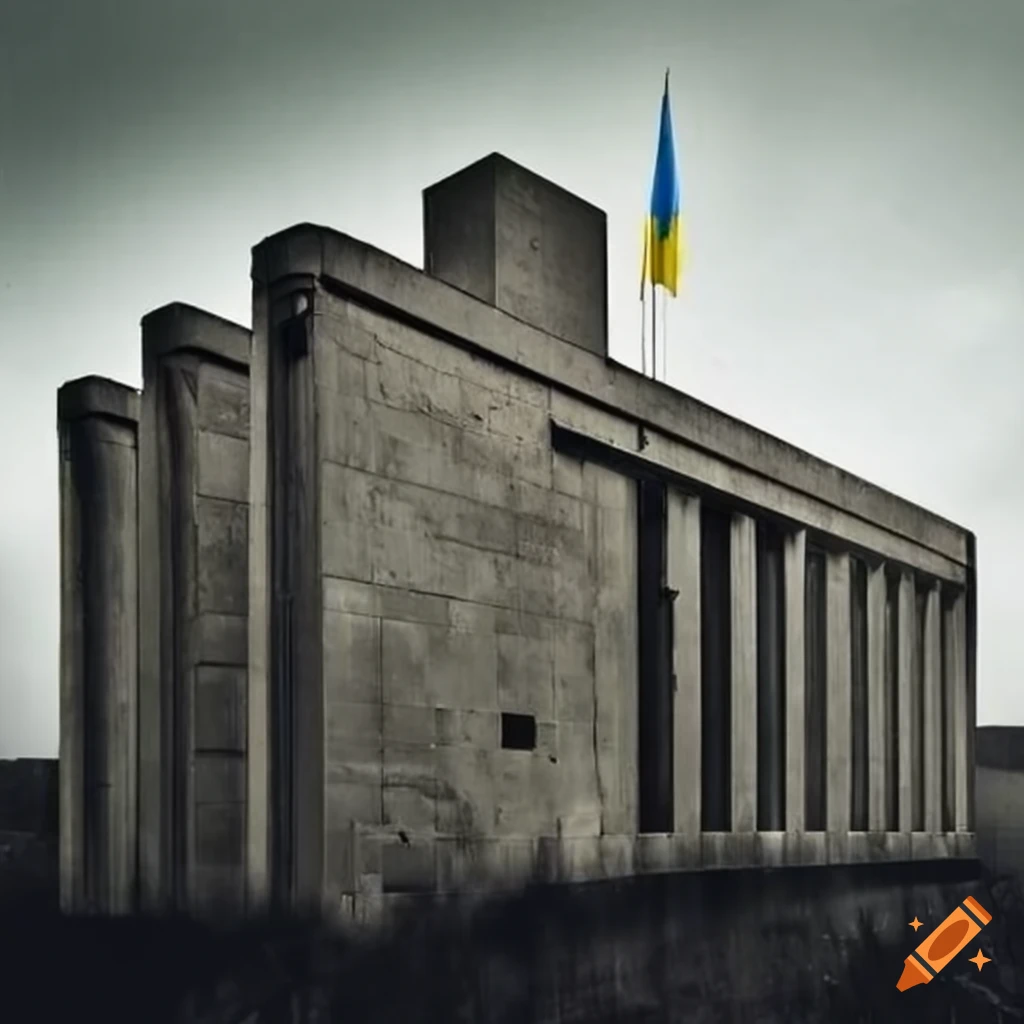 Brutalist house with Ukrainian flag
