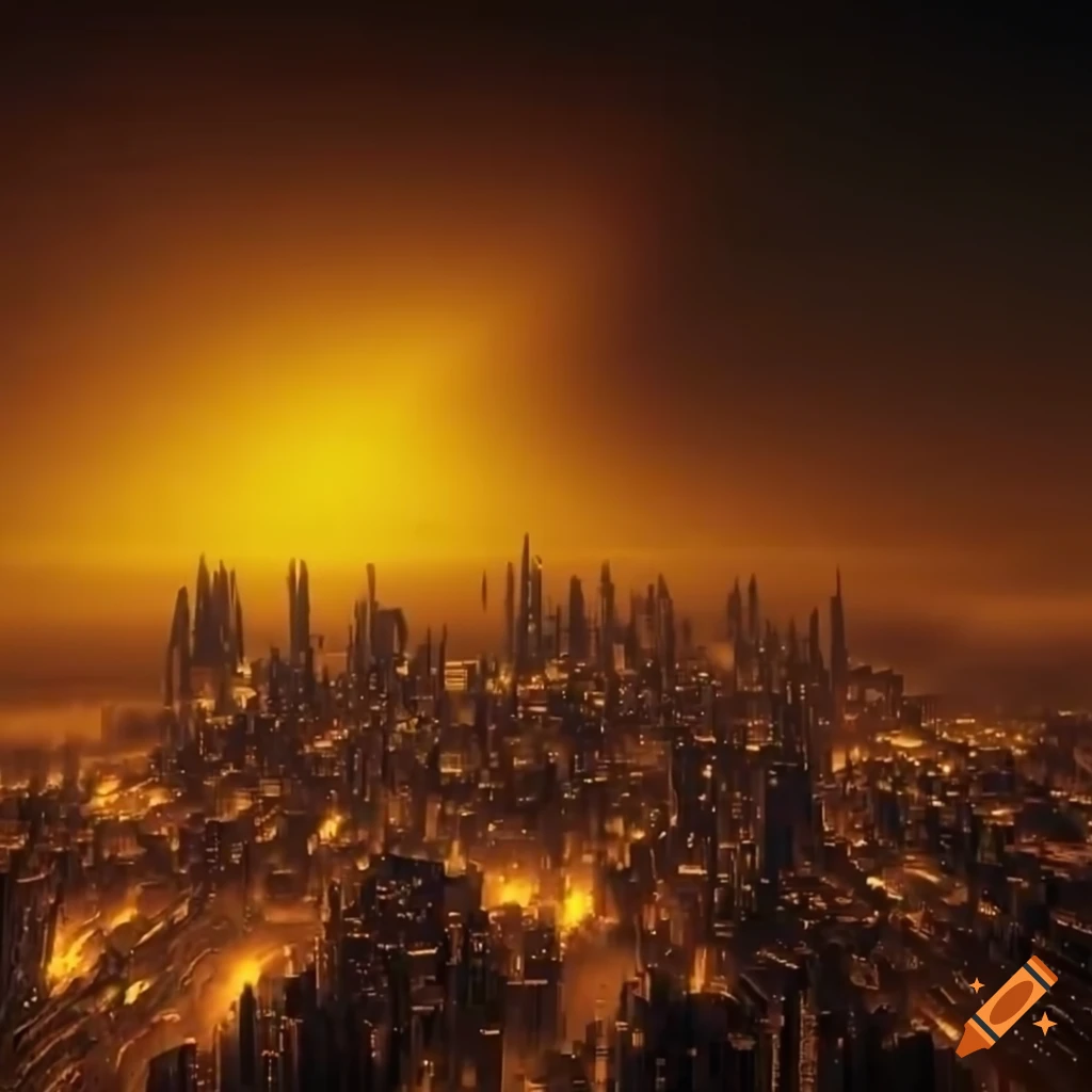 fractal cityscape under a yellow sky