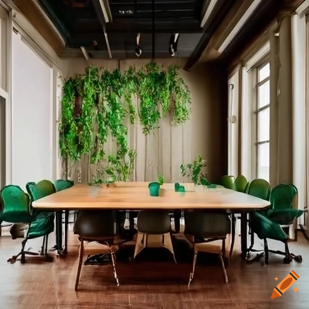 Stylish boardroom with greenery for a professional gathering on Craiyon