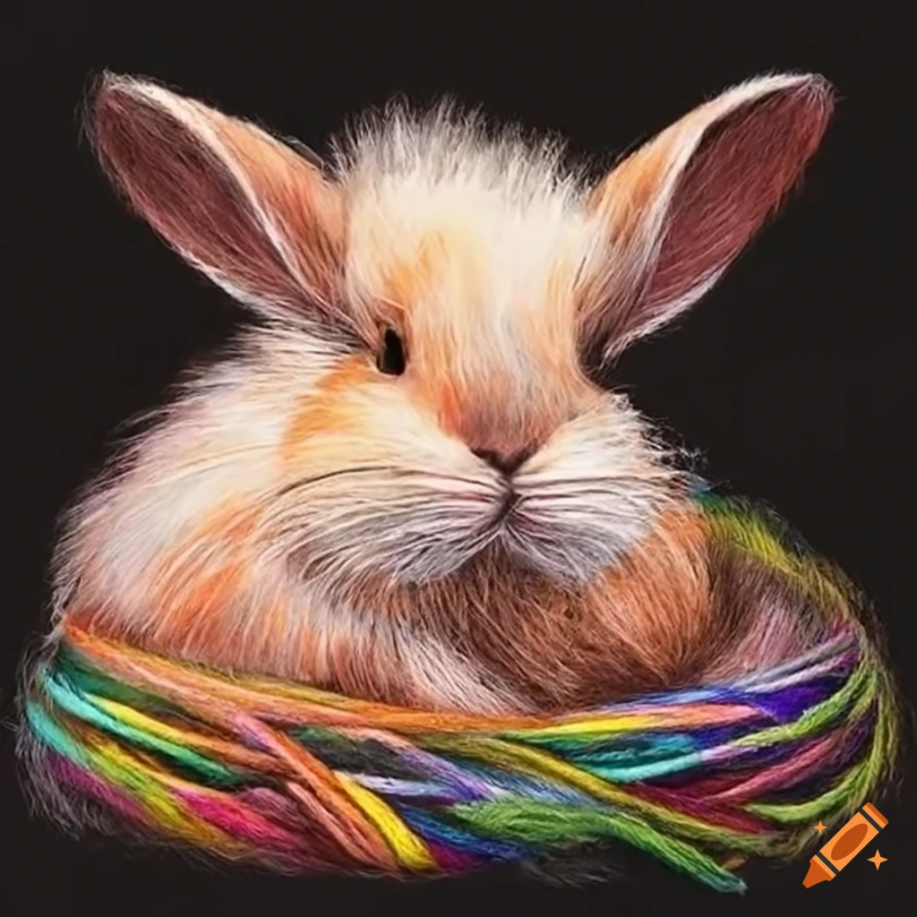 fluffy bunny in a colorful yarn nest