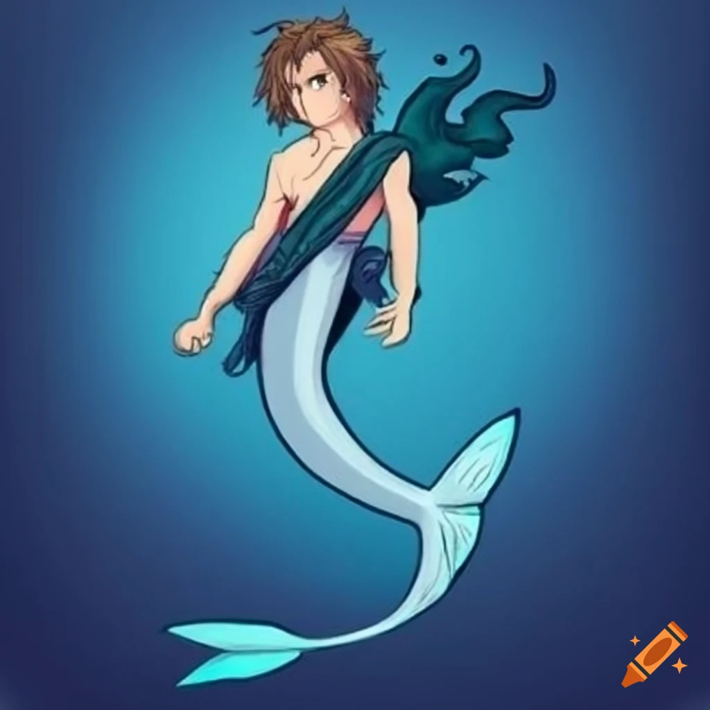 A muscular,handsome,merman with tattoos wielding a trident,anime,very long  fish tail,king of atlantis on Craiyon