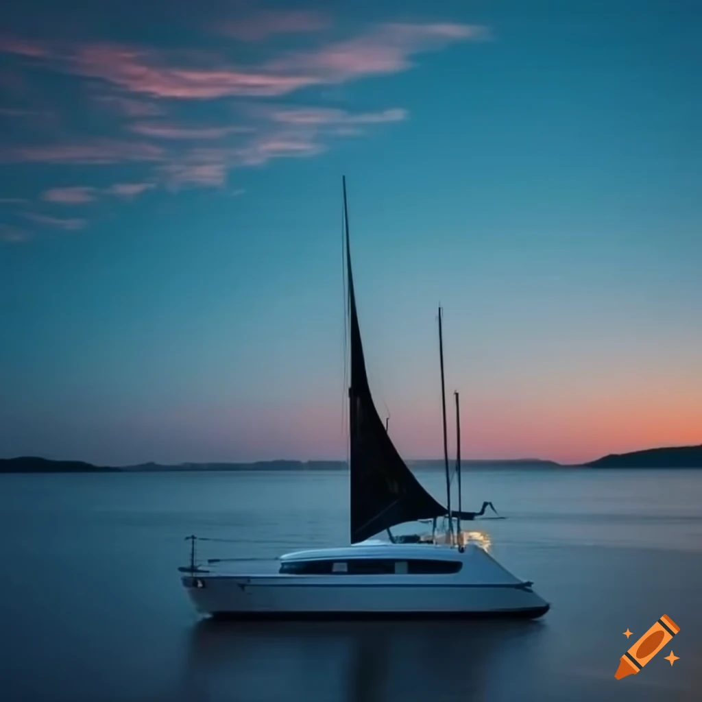 sunset sailing with black sail on a lake
