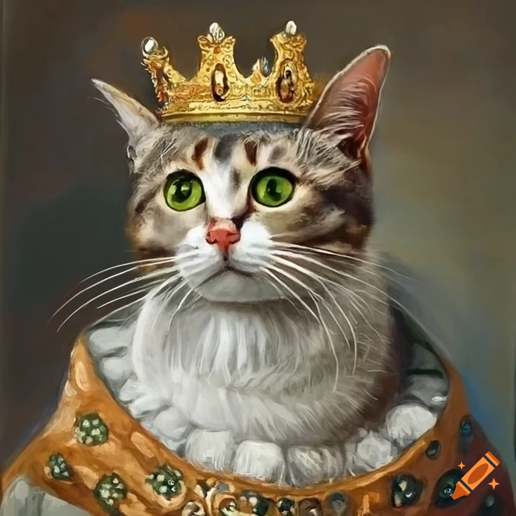 Portrait painting of a cat dressed as a queen