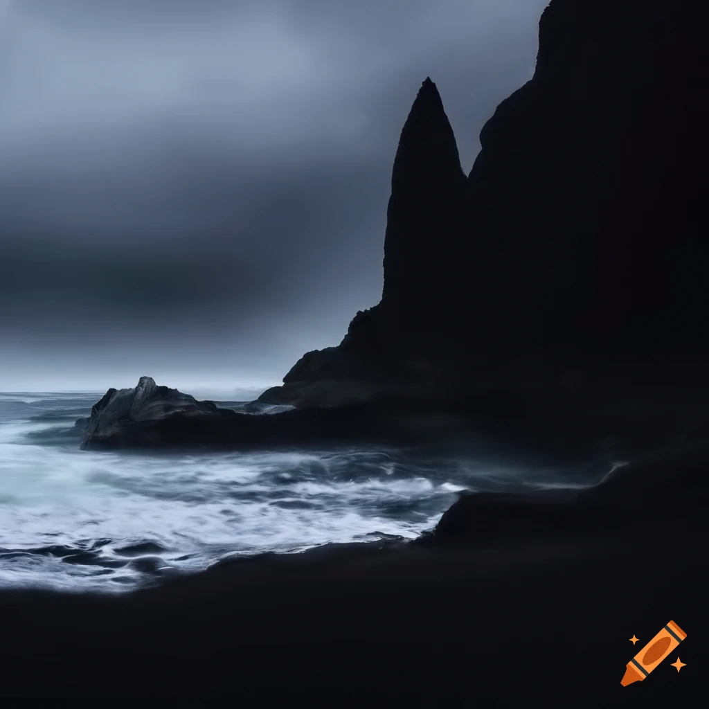 stormy coastline with tall dark rocks
