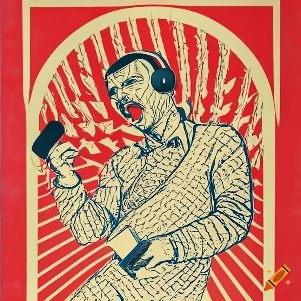 bold Soviet propaganda poster of a guy yelling into a microphone