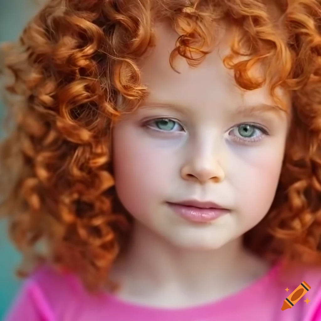 Portrait of a little girl with red curly hair and green eyes on Craiyon