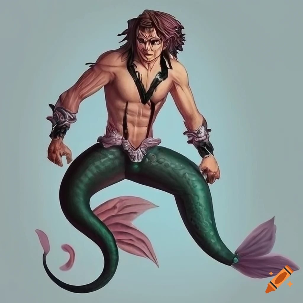 detailed artwork of a merman wearing a black harness