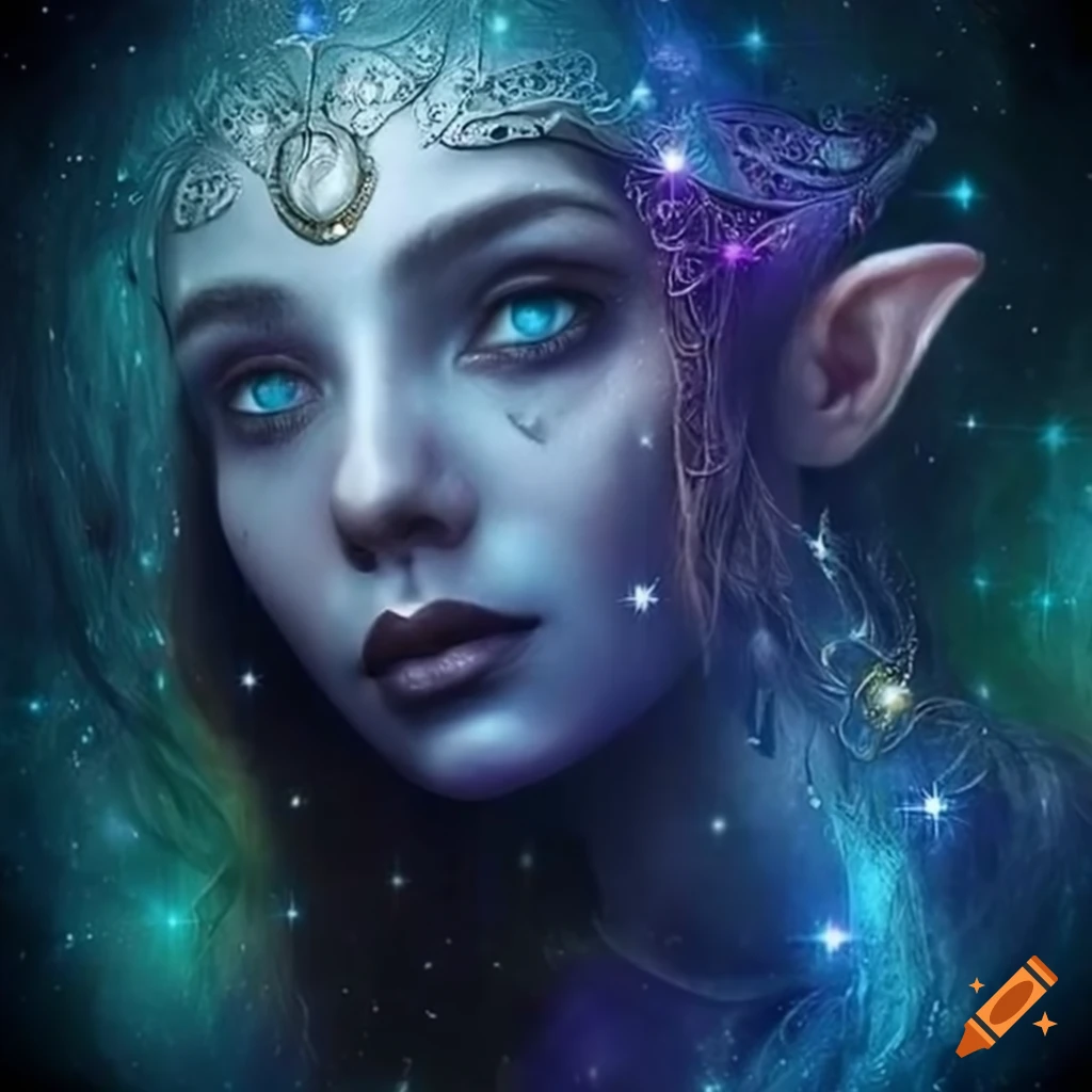 artistic portrayal of an elven woman with cosmic hair